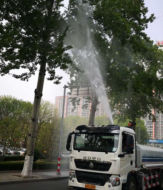 对道路两旁的杨树,园林工人使用高压水枪冲洗树冠,以解决当下的飞絮烦恼。