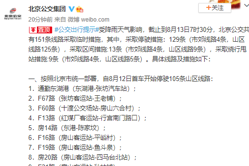 受降雨影响 北京公交共有151条线路采取临时措施