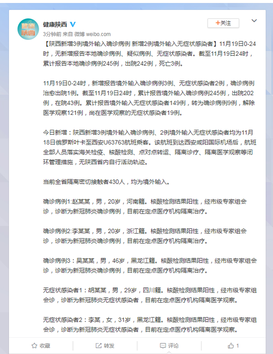 陕西19日新增3例境外输出确诊病例 2例无病症传染者(图1) 陕西19日新增3例境外输出确诊病例 2例无病症传染者(图1)