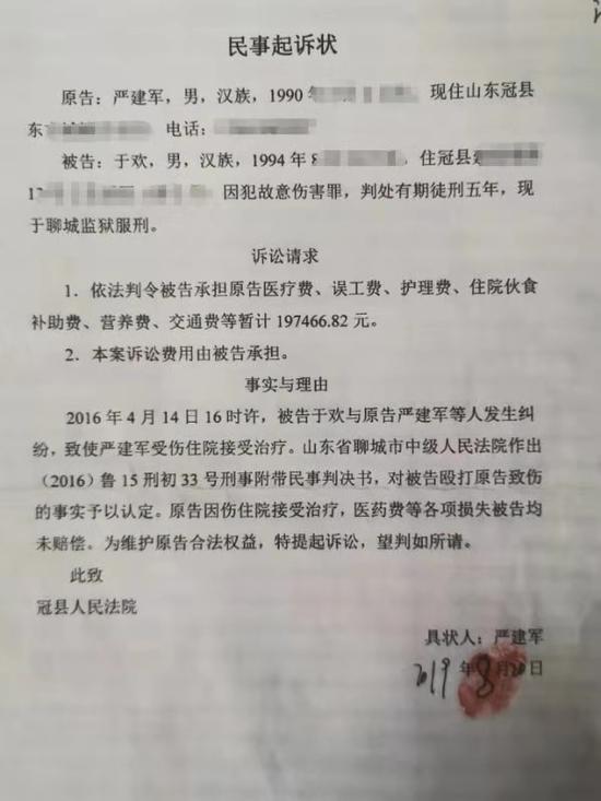 嚴建軍提起的起訴狀。受訪者供圖