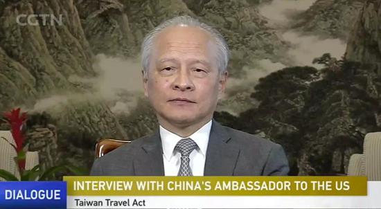  图为中国驻美大使崔天凯接受CGTN专访。