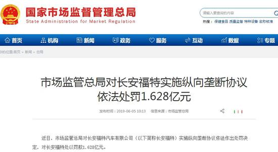 长安福特被处罚1.628亿元 来源:国家市场监管总局网站