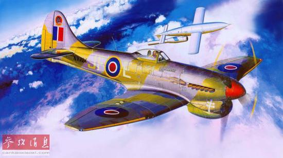 资料图片：艺术家绘制的二战英军“暴风”战机拦截德军V-1巡航导弹油画。