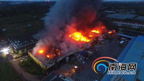 8月1日傍晚，海口市椰海大道南侧农业示范园亚蔬高科种业一仓库发生火灾，目前大火仍在燃烧。南海网记者刘洋摄