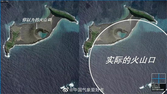 ↑据介绍,隐藏在海平面之下的是一座高约1800米,宽20公里的巨型海底火山。图据“中国气象爱好者”