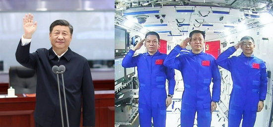 △2021年6月23日,习近平总书记来到北京航天飞行控制中心,同正在天和核心舱执行任务的神舟十二号航天员聂海胜、刘伯明、汤洪波亲切通话。(拼版照片)
