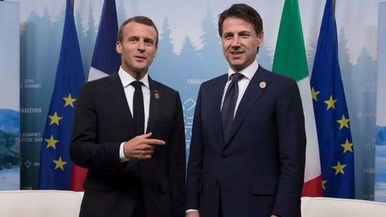 ▲资料图片：法国总统马克龙（左）和意大利总理孔特（法国国际广播电台）