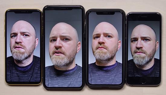 Hilsenteger的自拍效果对比图,从左至右的iPhone型号分别是iPhone X、iPhone XS Max、iPhone XS、iPhone 6