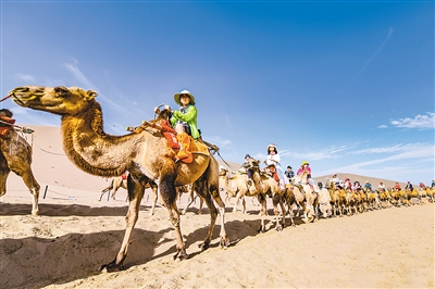中外游客骑骆驼观赏甘肃敦煌大漠秋景，体验浓浓的丝路风情。 王斌银摄（人民图片）