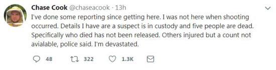 ▲来到现场之后,我已经做了一些报道,目前我所知道的情况,据警方透露,一名嫌疑人已被逮捕,五人死亡,死者身份尚未确定。我快要崩溃了。
