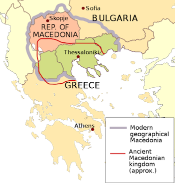 红线内部是历史上的马其顿王国。灰线内部是今天的马其顿地区。红橙色的部分是今天的马其顿共和国。图片来源：维基百科