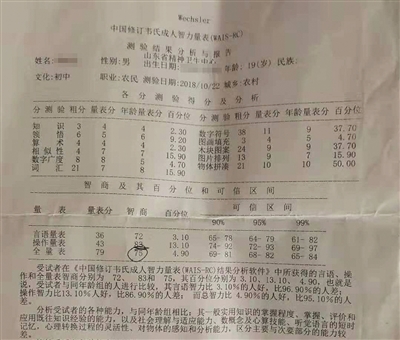 山东精神卫生中心鉴定结果显示，李小兵对物体的感知和分析能力，区分主要与次要部分的能力较差，总智力仅比4.9%的人好。