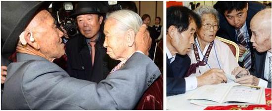10月20日下午,离散家属重逢活动在金刚山离散家属会面所举行。来自朝鲜的吴仁岁见到时隔65年重新相聚的妻子李顺圭,轻抚着妻子的头发(左图)。朝鲜离散家属中最高龄的蔡勋植(最右)与妻子李玉燕及儿子蔡希阳(最左)相聚(右图)。两对夫妻中的丈夫们都在朝鲜结了婚,但是在韩国的妻子们却都没有再婚。/Newsis 供图
