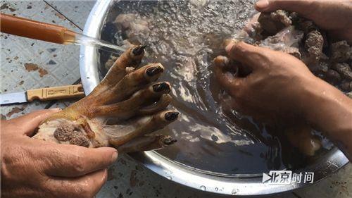 店老板将切下的熊掌洗干净 准备烹制熊掌给食客