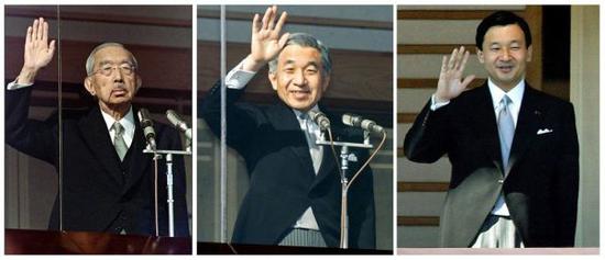 资料图片:日本天皇裕仁(左起)、明仁和皇太子德仁。(台湾联合新闻网)