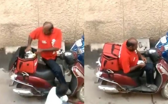 视频：印度外卖小哥大街上偷吃顾客食物 吃一半塞回