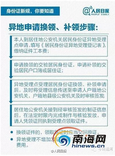 人民日报关于异地换领、补领身份证的步骤图解，其中提到“申领补领的，交验居民户口簿或居住证”。