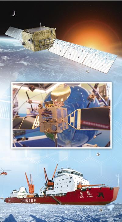 图①:“悟空”暗物质科学实验卫星示意图。 中国科学院供图 图②:北斗卫星模型图。 人民视觉供图 图③:中国“雪龙”号极地考察船在距中山站38公里的陆缘冰区进行卸货作业。 新华社记者 白国龙摄