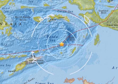 印尼东南部海域发生5.5级地震。(图片来源:美国地质勘探局)