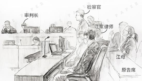庭审现场手绘  澎湃新闻记者 李媛 图案发始末