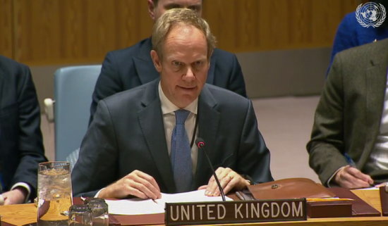视频截图：英国常驻联合国代表里克罗夫特在发言。