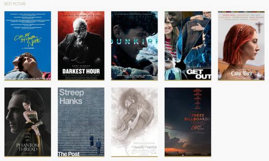奥斯卡官网上的今年最佳影片提名海报墙，大奖终由《水形物语》摘得