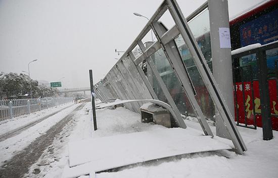 1月4日上午，由于大雪积压，合肥望江路上多处BRT公交站集体出现坍塌。东方IC 图