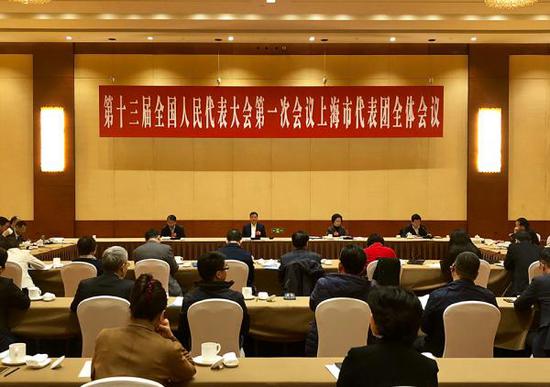 十三届全国人大一次会议上海代表团的30名代表联合向大会提交了“关于制定《中华人民共和国财政法》”的议案。 澎湃新闻记者 赵昀 图