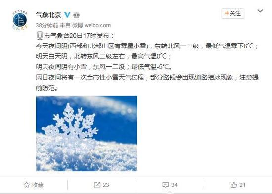 新浪综合:北京今夜部分山区有小雪 明天夜间将迎全市性小雪