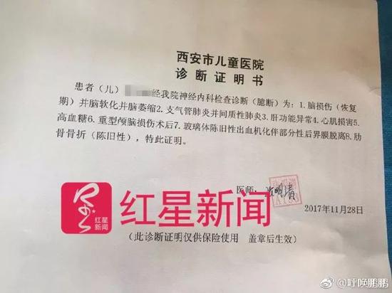 ▲西安市儿童病院11月28日出具的《诊断证实书》
