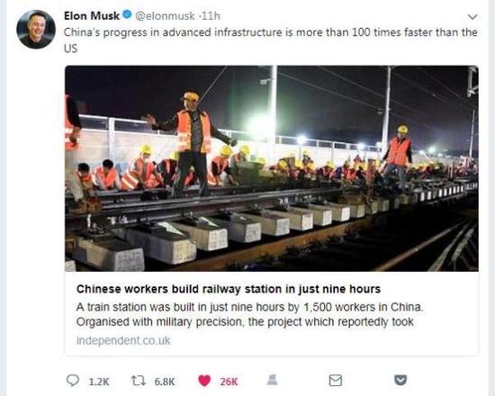马斯克当地时间2月27日发布了一条介绍中国工程速度的推特