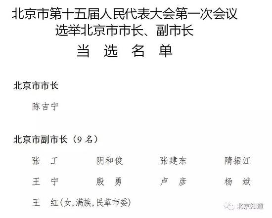 新京报:陈吉宁当选北京市长 副市长添一女性新面孔