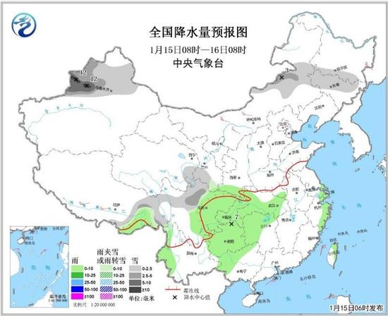 全国降水量预报图(1月15日08时-16日08时)