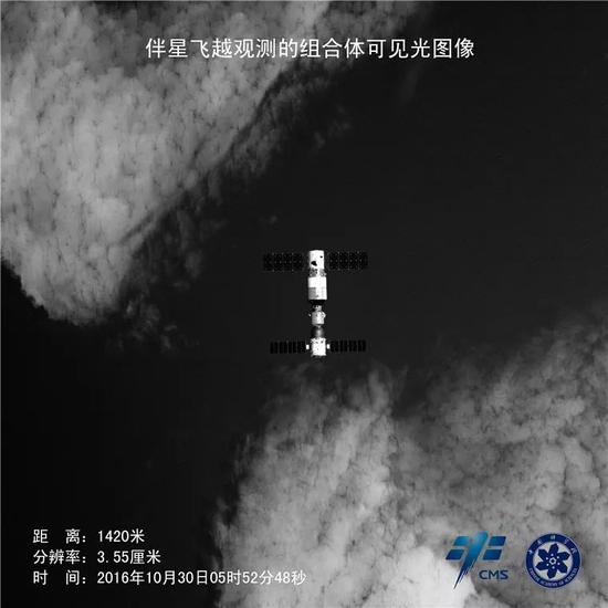 这是2016年10月30日天宫二号伴随卫星的可见光相机拍摄的天宫二号与神舟十一号组合体照片。相机采用2500万像素探测器,在400km轨道高度,可获得50km×50km幅宽高清图像,采用JPEG2000方法星上实时81压缩后的图中依然可分辨海浪波纹。