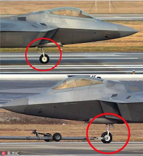 F-22正常的起落架和受损起落架的对比