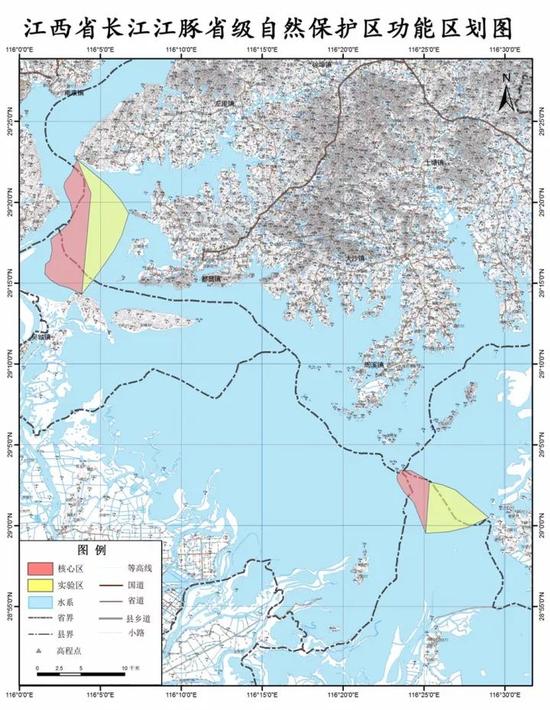 ▲保护区功能区划图，右下角“三角状”保护区在瓢山至龙口水域，其中4县交界处为保护区核心区，2014年被规划为鄱阳01号采砂区。