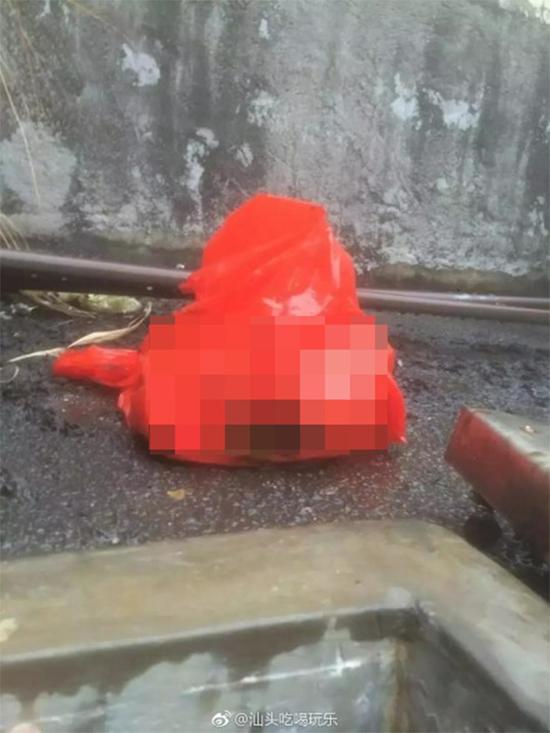 被丢弃在房顶的弃婴用红色塑料袋包着。 微博 @汕头吃喝玩乐 图