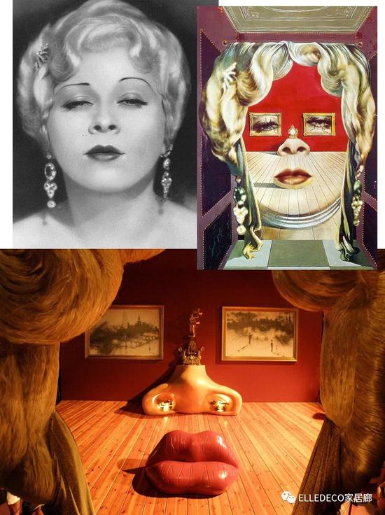 启发达利的梅·维斯特肖像照（左上）/《也许会被做成超现实公寓的梅·维斯特的脸》（右上，1934-1935）/达利剧院博物馆中的《梅·维斯特房间》（下，1972）