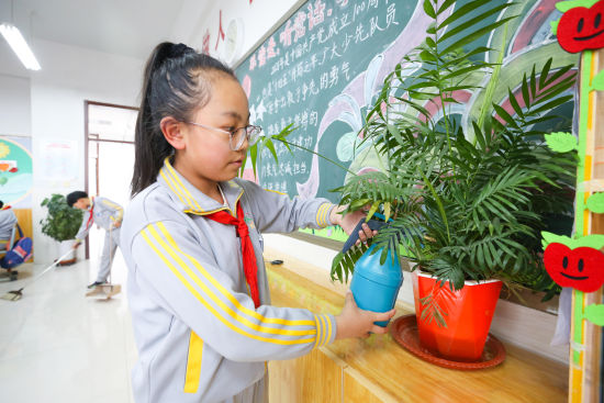 图为“护花小使者”陈海叶正在浇花。