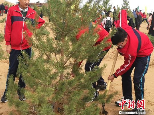 图为在库布其沙漠上举行的“大型义务植树活动”现场。 李爱平 摄