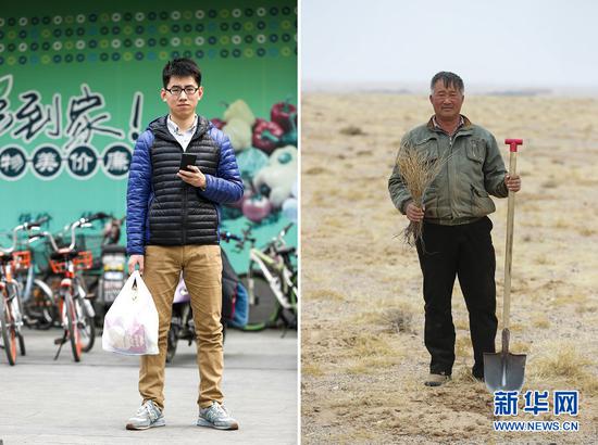 拼版照片:左图为3月17日,北京大学药学院天然药物学系研究生王金龙在学校的超市,通过支付宝移动支付购买了一袋生活用品,这意味着他在“蚂蚁森林”里的“能量”又增加一些;右图为3月19日,生活在内蒙古阿拉善盟希勃图嘎查的聂玉胜在自家牧场种植梭梭。 因为“蚂蚁森林”,身处都市的王金龙将自己践行的环保生活方式转化成一棵棵实体的梭梭,由远在数千公里之外的聂玉胜种植在自家牧场,成为对抗沙漠的“卫士”。