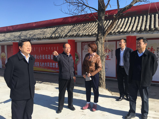 图为王威亮副组长,王振勇副组长在110国道南侧文化长廊实地查看 王荣主任 闫忠书记 兰常青副主任陪同