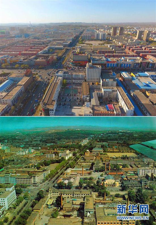 拼版照片:上图为2017年4月28日拍摄的乌兰浩特市兴安大街一景(新华社记者邓华摄);下图为20世纪90年代初拍摄的乌兰浩特市兴安大街一景(乌兰浩特市提供)