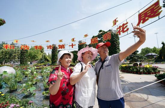 市民在主题花坛前合影留念。