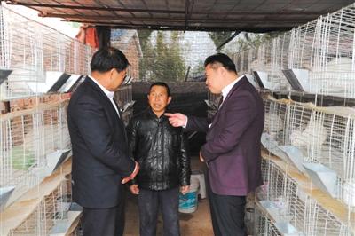 养殖户海林(中)与村干部、兔业公司负责人在一起。