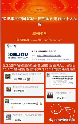 德立固荣获2018年度中国混凝土密封固化剂十大品牌排行