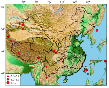 图为2017年全国MS(震级)≥5.0地震震中分布图