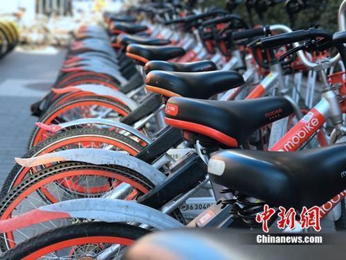 资料图:成排的摩拜单车在路边停放。中新网 吴涛 摄