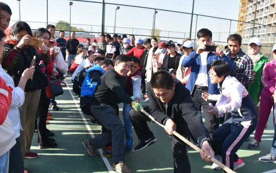 团结一心,众人齐力的拔河比赛现场