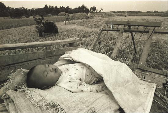1993，河南确山留庄。打麦场上睡在场边架子车上顾不上照看照看的孩子。